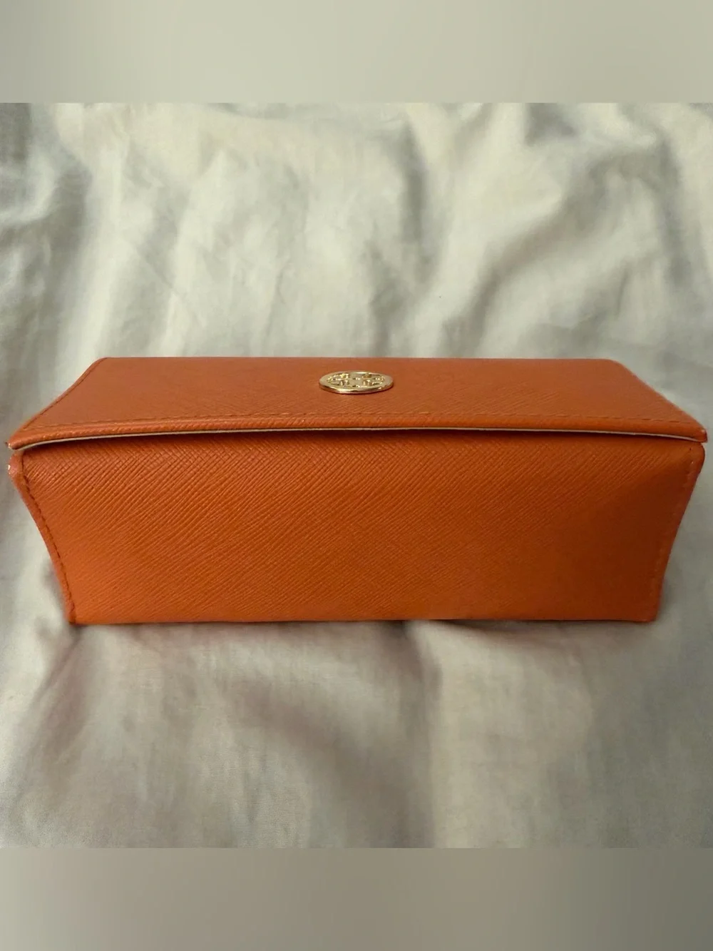 Tory Burch Orange Saffiano Continental sunglasses holder with Gold Logo